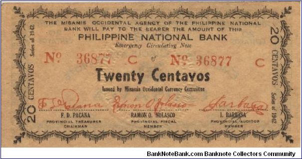 S-574 Misamis Occidental 20 Centavos note. No price listed for this RARE condition. Banknote