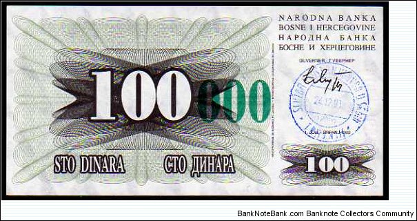 100'000 Dinara__
Pk 56c__

Ovpt on 100 Dinara - Green -__

24-12-1993
 Banknote