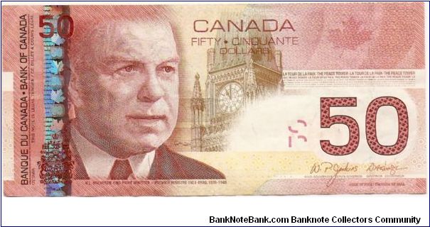 50 Dollars.

William Lion Mackenzie King at left on face; accomplishments of the Famous Five and Thérèse Casgrain on back.

Pick #104 Banknote