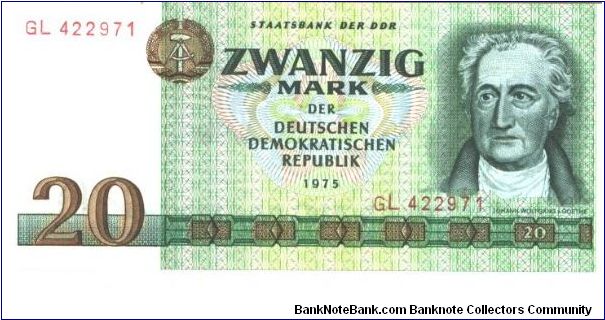 East Germany

Green on multicolour underprint. Johann Wolfgang von Goethe at right. Children leaving school on back. Banknote