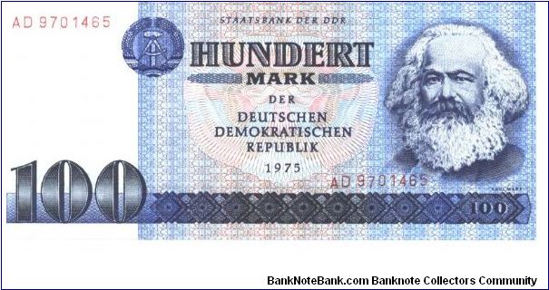 East Germany

Blue on multicolour underprint. Karl Marx at right. Street scene in East Berlin on back. Banknote