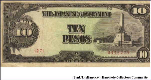 PI-111 Philippine 10 Pesos note under Japan rule, plate number 27. I will sell or trade this note for Philippine or Japan occupation notes I need. Banknote