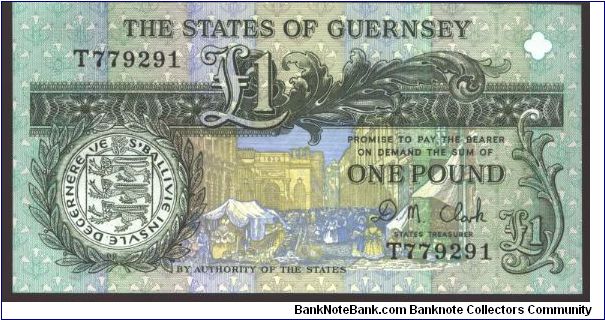 Similar to #48. 128 x 65mm.

Dark green and black on multicolour underprint. Market square scere of 1822 at lower center in underprint. D. De Lisle Brock and Royal Court of Saint Peter Port. on back. Banknote