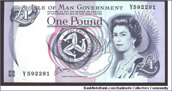 Purple on multicolour underprint. Back like #25.

Tynwald Hill on back.

Signature 6 Banknote