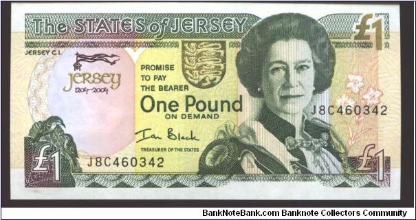 Isle of Jersey

2004 Commemorative Issue

800th Anniversary of the special relationship between Jersey and the British Crown.

Dark green and purple on multicolour underprint. Mount Drugueil Castle on back. Banknote