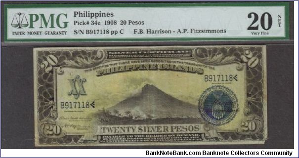p34e 1908 20 Silver Peso Silver Certificate Banknote