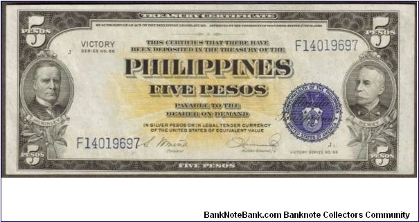 p96 1944 5 Peso Victory Note Banknote