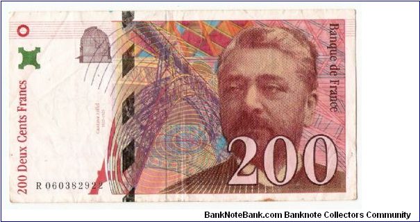 200 Francs.

Gustave Eiffel at right, observatory at upper left center, Eiffel tower truss at center on face; wiew through tower base across exhibition grounds at left center on back.

Pick #159b Banknote