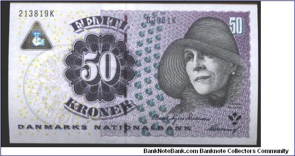 Black and ddep purple on multicolour underprint. Karen Blixen at right and as watermrk. Centaur stone relief from Landet Church. Tasinge at left center on back. Banknote