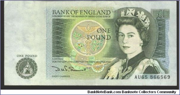 Deep green on multicolour underprint. Back guilloches gray at lower left and right corners. Sir I. Newton at center right on back and in watermark.

B) Back guilloches light green at lwer left and right. Black signature D. H. F. Somerset. (1981-1984) Banknote