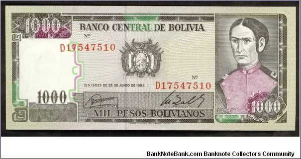 Bolivia 1000 Pesos Bolivianos 1982 P167. Banknote