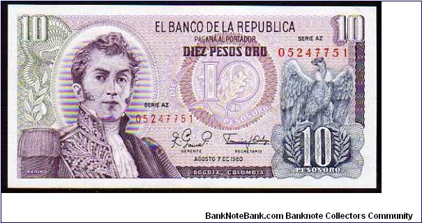 10 Pesos Oro__
pk# 407h__
07-08-1980 Banknote