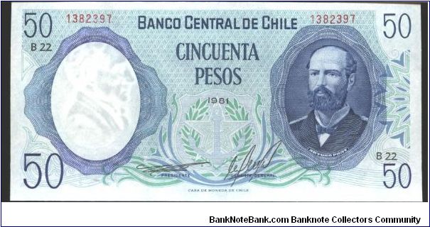 Dark blue and aqua on green and light blue underprint. Portrait Captain Arturo Prat at right. Saling ships at centers on back.

B) 1980, 1981 (2 signature varieties) Banknote
