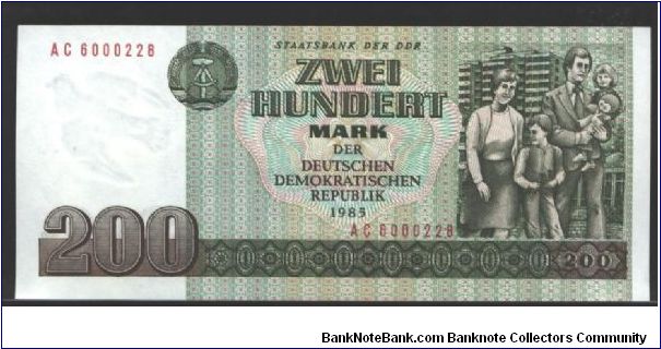 East Germany

Dark olive-green and dark brown on multicolour underprint. Family at right. Teacher dancing with children in front of modern school building at center on back.

Watermark: Dove

NOT ISSUED Banknote