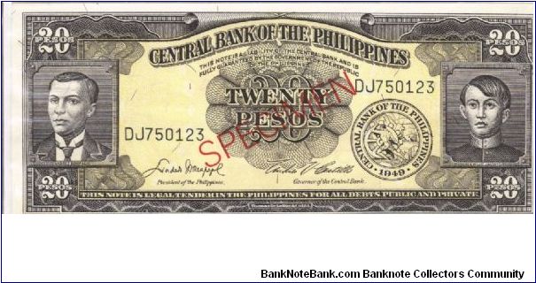 PI-137 Philippine 20 Pesos Specimen note #4. I will sell or trade this note for Philippine or Japan occupation notes I need. Banknote