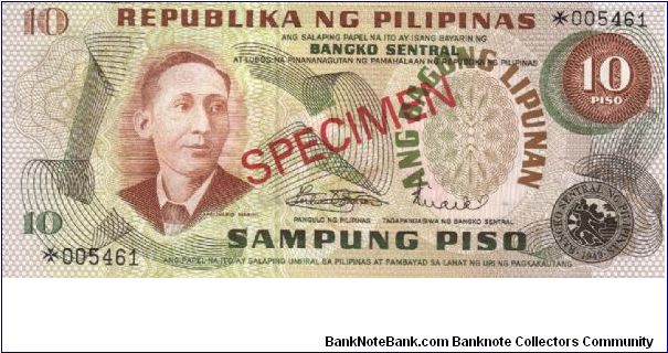 PI-148 Philippine 10 Pesos Specimen note. Banknote