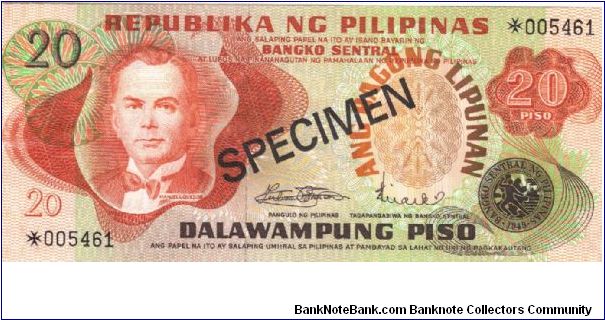 PI-149 Philippine 20 Pesos Specimen note. Banknote