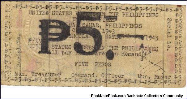 SMR-187 Samar 5 Pesos note. I will trade this note for Philippine or Japan occupation notes I need. Banknote