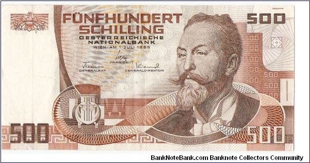 500 Schilling.

Architect Otto Wagner at right on face; Postal Office Savings Bank in Vienna at left center on back.

Pick #151 Banknote