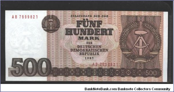 East Germany

Dark brown on multicolour underprint. Arms at right and as watermark. Government Building Staatsrat (in Berlin) at center on back.

NOT ISSUED Banknote