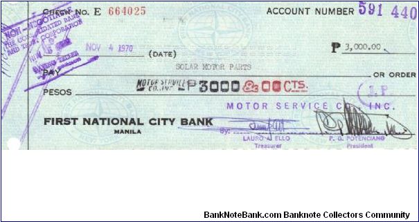 First National City Bank Check, Manila. Banknote
