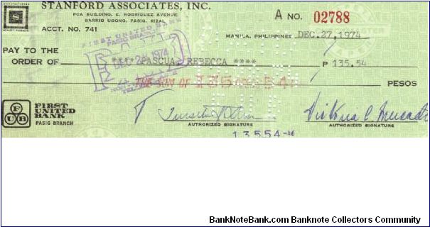 Stanford Associates, Inc. Check, Manila Philippines #1. Banknote