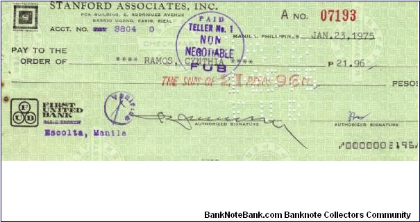 Stanford Associates, Inc. Check, Manila Philippines, #2. Banknote