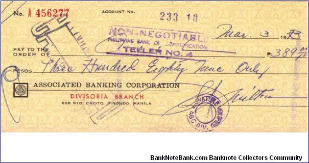 Associated Banking Corp Check, Manila Philippines, #2. Banknote