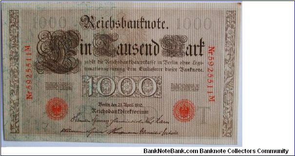 1000 mark 1910 7 digits red seal. printed after the war Banknote