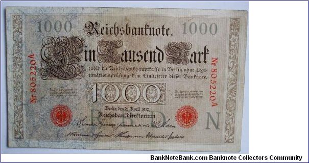 1000 mark red seal 6 digits. printed before and during the war Banknote