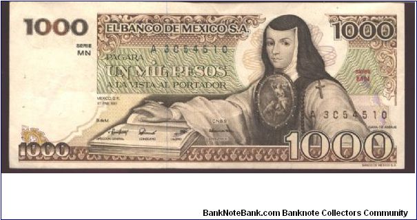 Like #70

Dark brown and brown on multicolour underprint. J. de Asbaje at right and as watermark.

Santo Domingo plaza at left center on back.

Four signatures and narrow serial # style. Banknote