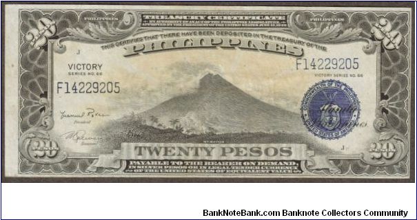 p98b 1944 20 Peso Victory Treasury Certificate (Roxas-Guevara Signatures) Banknote