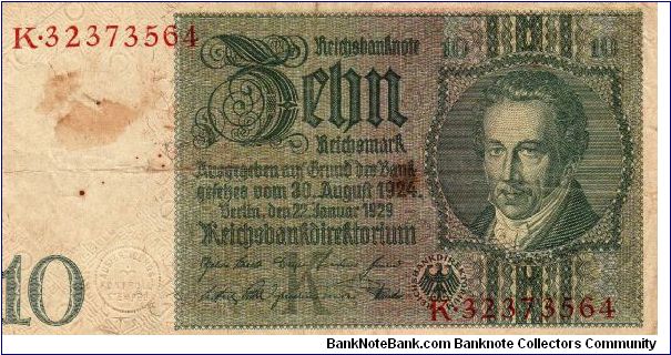 10 Reichsmark
Issuer: Reinchbankdirektorium Berlin
O: Albrecht Thaer-Founder of Scientific Agriculture with control seal
R: Medal framed by puttos w/a female portrait w/c symbilizes agriculture
Size: 150 x 75mm Banknote