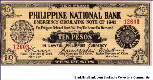 10 Pesos
Issued by the Cebu Currency Committee, Province of Cebu Philippines Banknote