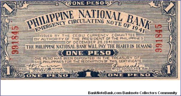 1 Peso
Issued by Cebu Currency Committee, Province of Cebu City Philippines Banknote