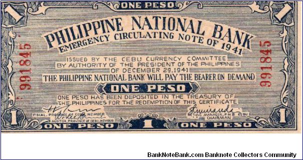 1 Peso
Issued by Cebu Currency Committee, Province of Cebu City Philippines Banknote