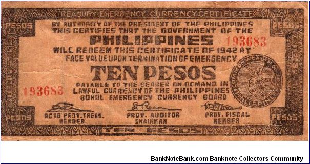 10 Pesos
Issued by Bohol Emergency Currency Board for Bohol City Philippines under the Commonwealth of the Philippines in 1942 Banknote