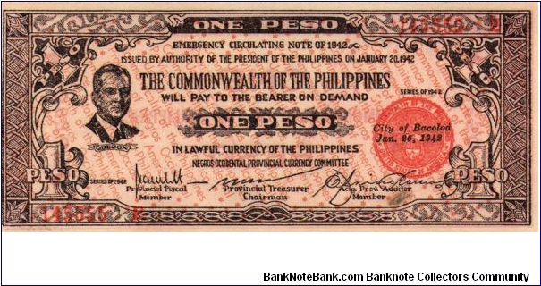 1 Peso
Issued by Negros Occidental Currency Committee of the Philippines in 1942
O: Manuel L. Quezon Banknote