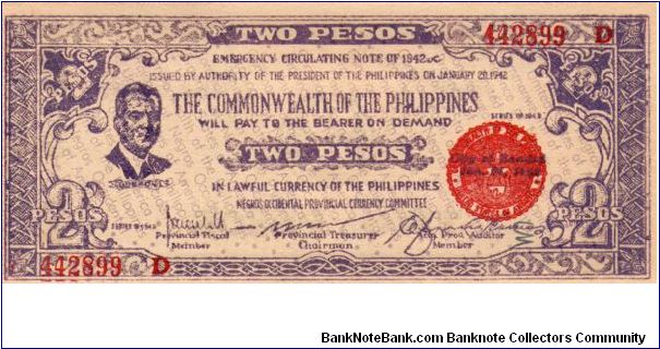 2 Pesos
Issued by Negros Occidental Provincial Currency Committee of the Philippines in 1942
O: Manuel L. Quezon Banknote