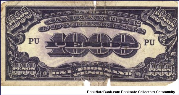 PI-115 Philippine 1000 Pesos note under Japan rule, dark blue obverse with light purple underpring, dark olive reverse and no offset printing. Banknote