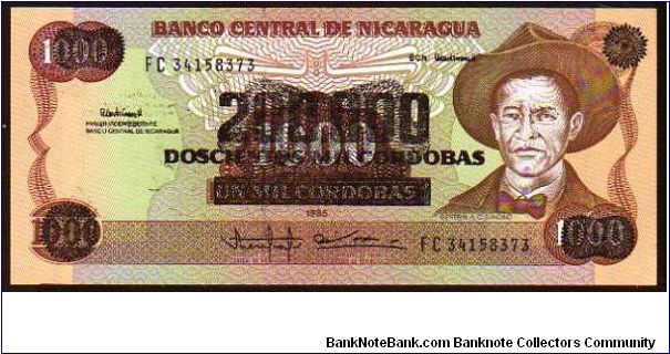 200'000 Cordobas
Pk 162

(Ovpt on 1000 Cordobas- 1990) Banknote