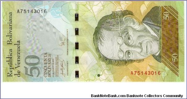 50 Bolivares.

Simón Rodrígues at center in vertical format on face; Spectacled bear (Tremarctos Ornatos) at center, Laguna del Santo Cristo (Parque Nacional Sierra Nevada) in background on back.

Pick #NEW Banknote