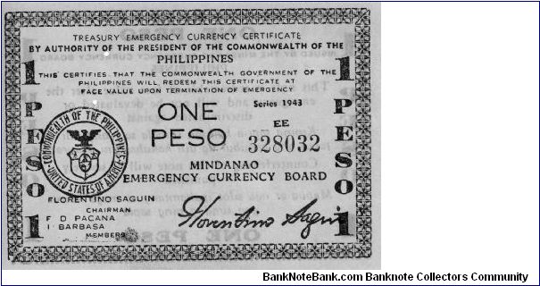 1 Peso
Issued by Mindanao Emergency Currency Board Under the Commonwealth of the Philippines 1943 Banknote