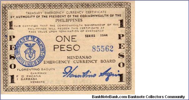 1 Peso
Issued by Mindanao Emergency Currency Board under the Commonwealth of the Philippines in 1944 Banknote