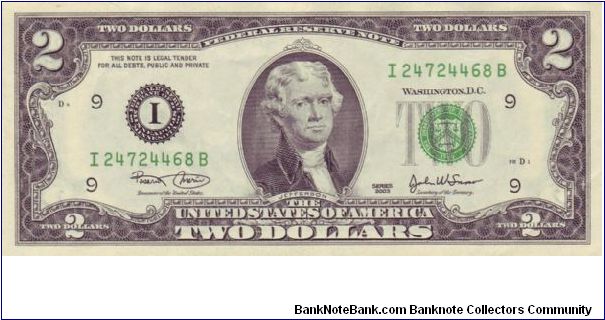 USA two dollar note. One of three sequential uncirculated. Banknote