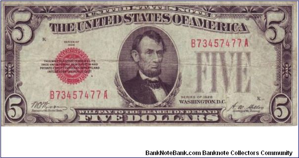 USA red seal five dollar note. Banknote