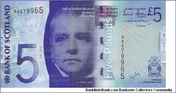 Bank of Scotland five pounds. Brig o'Doon & Robert Burns. Double AA serial number. Banknote