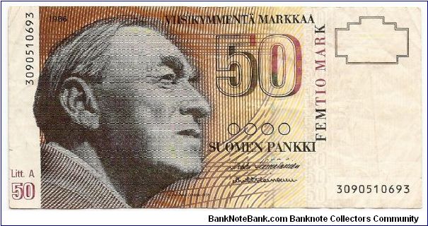 50 Markkaa.

Alvar Aalto at left on face; Finlandia Hall at center on back.

Litt. A

Pick #118 Banknote