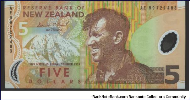 Brown and brown-orange on multicolour underprint. Mt. Everest at left. Sir Edmund Hillary at center. Back brown and blue; flora with Yellow-eyed penguin at center right. Banknote