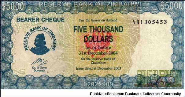 $5,000 Dollars
Obverse: Chiremba Balancing Rocks in Epworth near Harare; Zimbabwe's
national flower - Flame Lily; Rhinoceroses; Reverse: Rhinos; Rabbit (find it!)
Size: 147 x 73mm Banknote